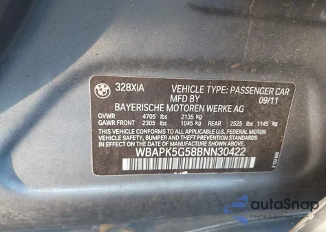 2011 BMW 328I xDrive z USA, uszkodzony, nr VIN WBAPK5G58BNN30422